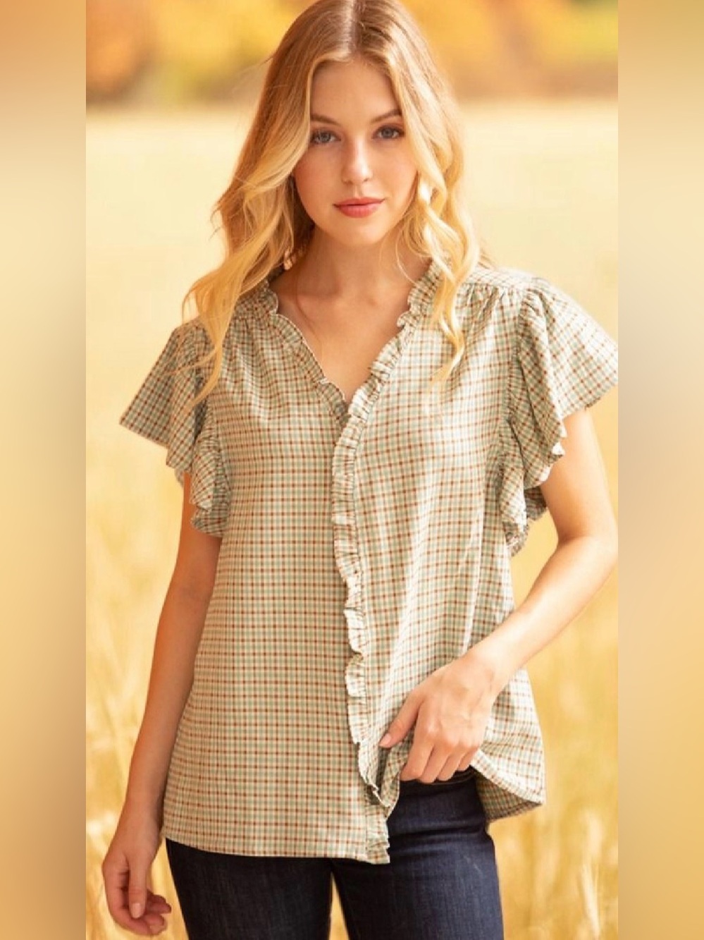 Ruffled V-Neck Plaid Flutter Sleeve Top - Green Plaid
